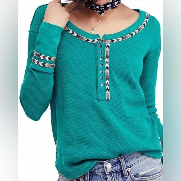 Free People, we the free Rainbow Thermal Tee In Green - Picture 1 of 13